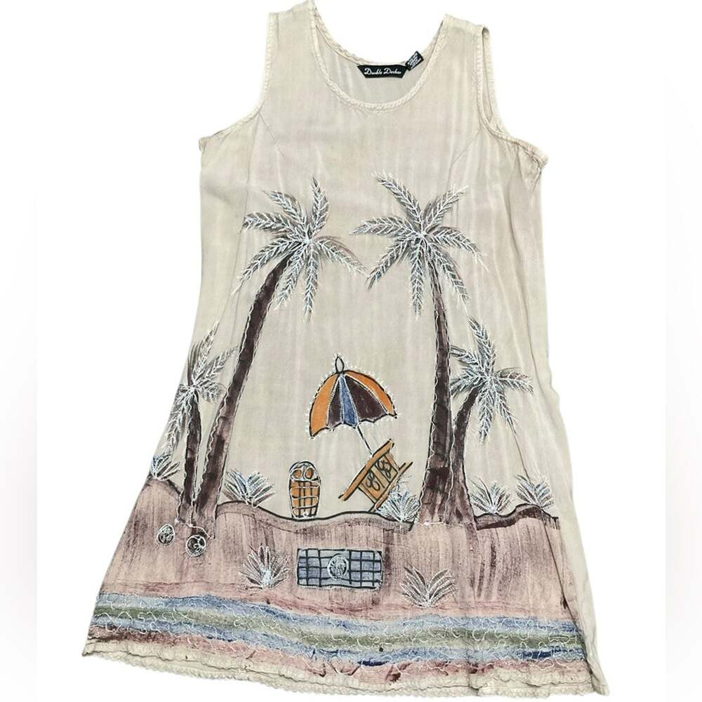 Double Decker Vintage Boutique Beige Sleeveless Dress with Palm Trees Medium